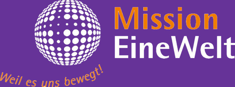 Eine Kugel aus kleinen, unterschiedlichen Punkten, die vermutlich die Welt darstellt. Leicht außerhalb der Mitte sind einige Punkte kleiner, so dass sich ein Kreuz ergibt. Daneben und darunter der Text: "Mission Eine Welt - Weil es uns bewegt!"
