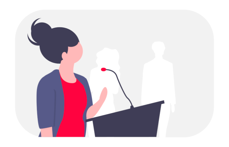 Illustration mit Frau am Rednerpult. Dahinter als weißer Schattenriss eine Frau und ein Mann