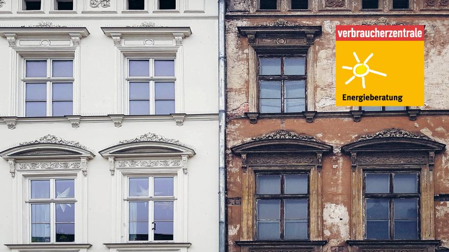 Zwei Mehrfamilienhaushälften - die linke renoviert, die rechte nicht.