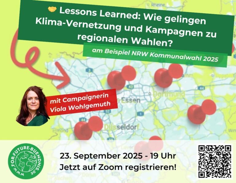 Veranstaltungsbild: Collage vor einer Karte von NRW: Die Veranstaltungsinfos mit einem QR-Code und einem Bilder der Campaignerin Viola Wohlgemuth