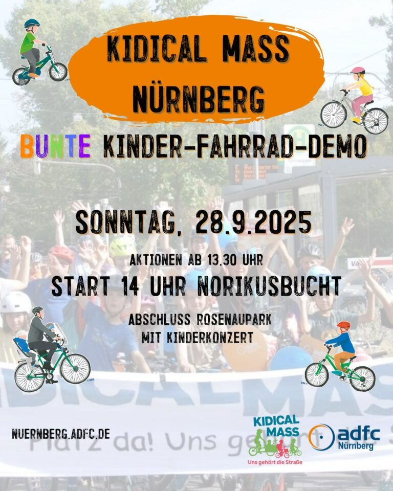 Im Hintergrund ein Bild von Kindern, die auf Rädern sitzen und die Arme hoch reißen. Davor in den Ecken bunte Piktogramme von Radfahrenden und der Text der Veranstaltungsdaten.
