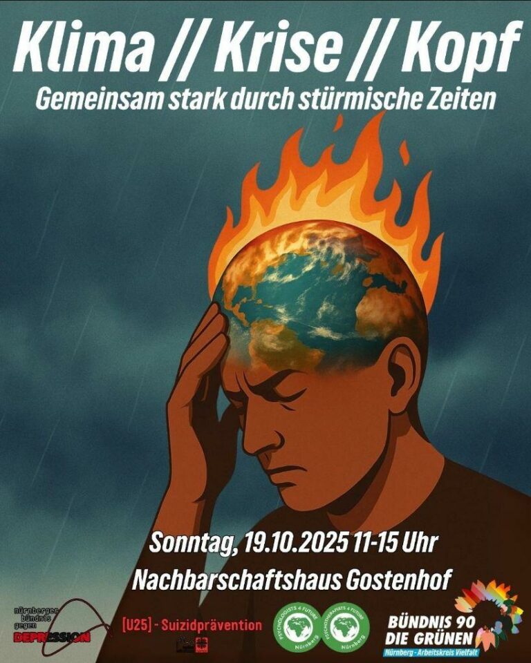 Veranstaltungsbild (gemalt): vor dunkel bewölktem Hintergrund ein kahlköpfiger Mann, der sich mit der rechten Hand die Schläfe hält und die Augen geschlossen hat. Die obere Hälfte des Kopfes ist die Erdkugel, die in Flammen steht.