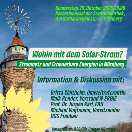 Ein Turm der Nürnberger Stadtmauer - aus seiner Spitze ein Windrad, auf dem Dach PV-Module. Text mit Veranstaltungsinfos