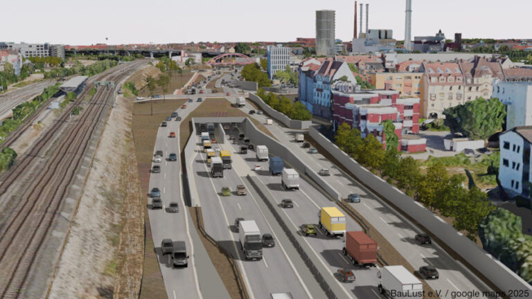 Eine Illustration vom Endstand eines möglichen Ausbaus des Frankenschnellweg - mit dann acht Fahrspuren im Bereich der Rothenburger Straße.