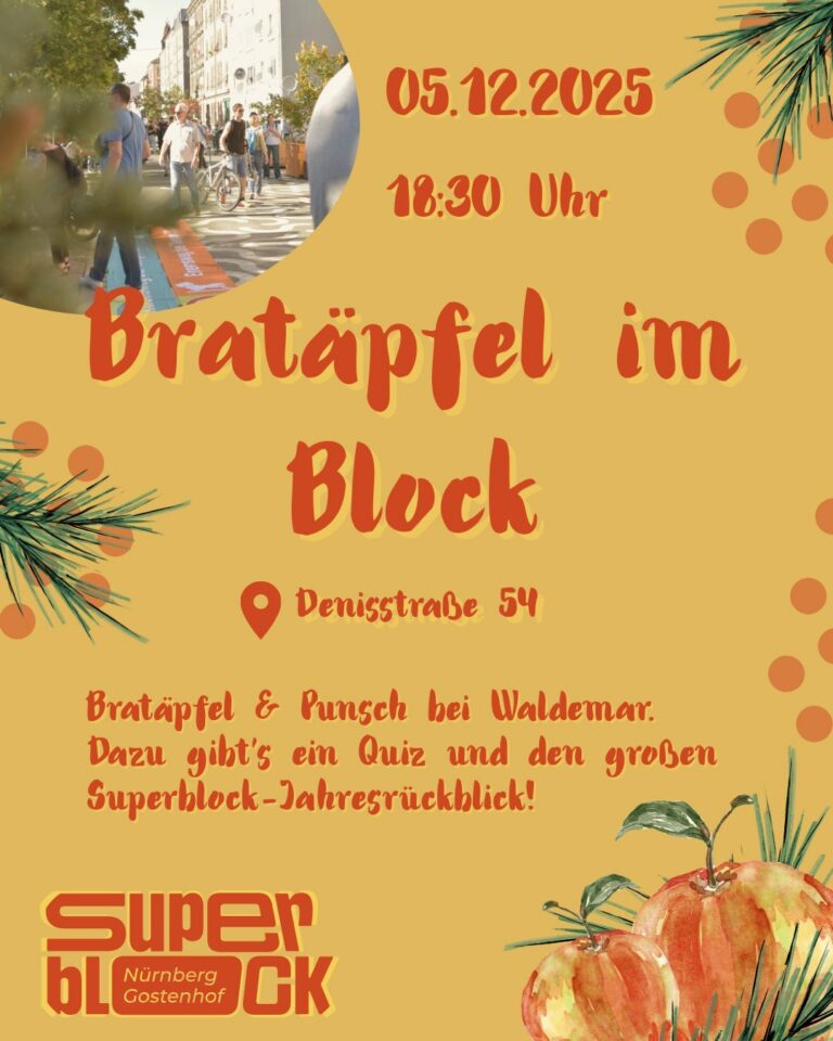 Orangefarbenes Plakat mit den Veranstaltungsinfos in rot. Links oben ein Bild eines belebten Superblock-Aschnitts, rechts unten gezeichnete Äpfel