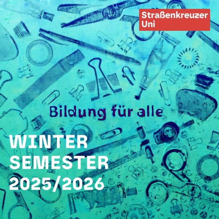 Wimmelbild mit verschiedenem Schreib- und Zeichenbedarf. Texte: "Straßenkreuzer Uni" "Bildung für alle" "Wintersemester 2025/2026"