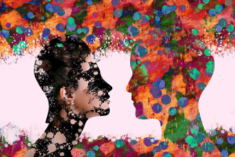 Zwei Köpfe, die einander zugewandt sind. Sie sind aus Farbklecksen gebildet.