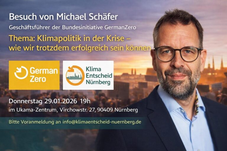 Logos von GermanZero und dem Klimaentscheid. Rechts daneben ein Bild von Michael Schäfer, dem Geschäftsführer der Bundesinitiative GermanZer