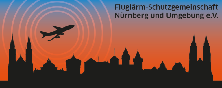 Die Silhouette der Stadt Nürnberg mit einem darüber startendem Flugzeug und den dargestellten Schallwellen