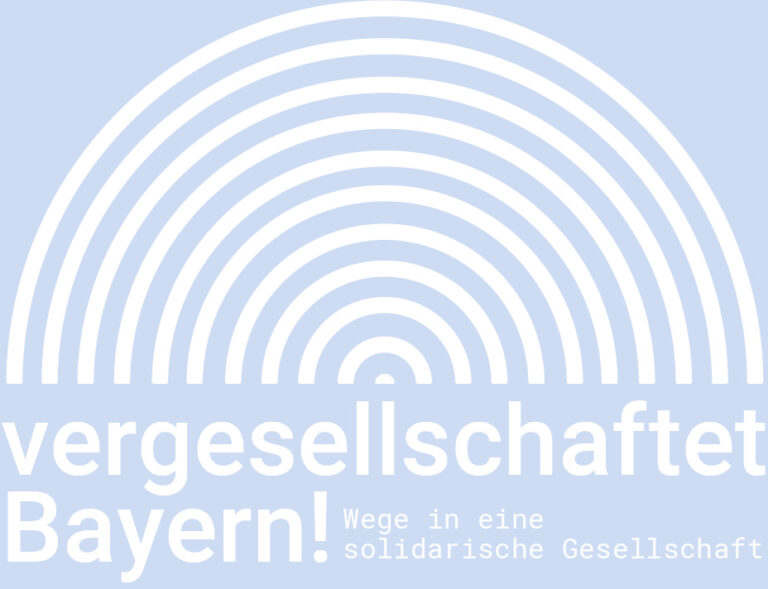 Die obere Hälfte von mehreren konzentrischen Kreisen. Darunter der Text "vergesellschaftet Bayern! Wege in eine solidarische Gesellschaft"