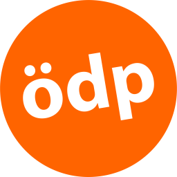 Orangefarbener Kreis, mit den weißen, leicht nach rechts ansteigenden Buchstaben "ödp"
