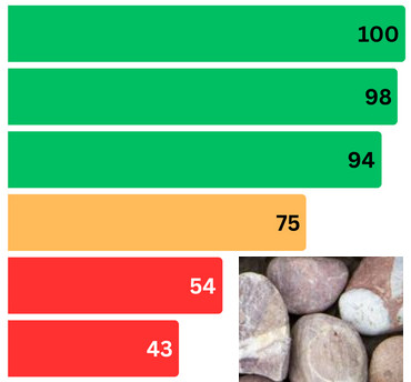 Mehrere Balken mit Angaben der Übereinstimmung von 43-100% - abgestuft in rot, gelb oder grün. Rechts unten Kieselsteine - die "Wahlprüfsteine"