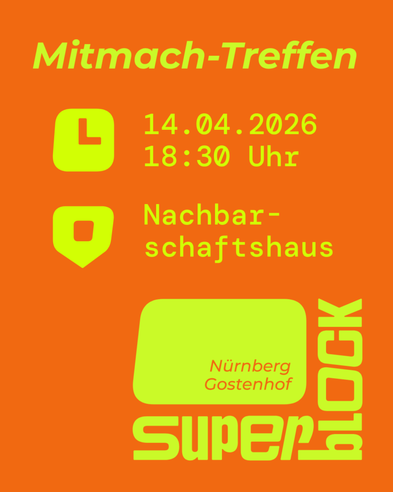 Veranstaltungsinfos in gelber Schrift auf orangefarbenem Grund. Rechts unten über Eck das Superblock-Logo