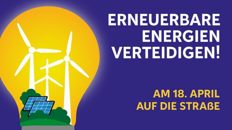 Illustration gelb-orangsfarbene Glühbirne - in ihrem Inneren die Silhouetten von drei Windrädern und zwei PV-Modulen vor einem Gebüsch. Dazu der Veranstaltungstitel