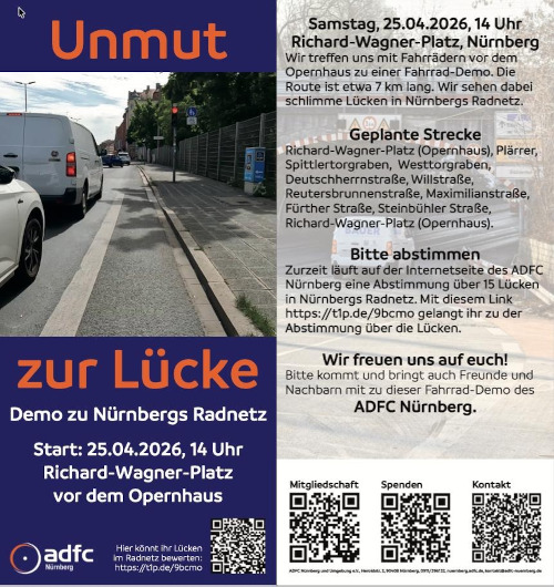 Unmut zur Lücke | ADFC-Demo zu Nürnbergs (noch löchrigem) Radwegenetz.