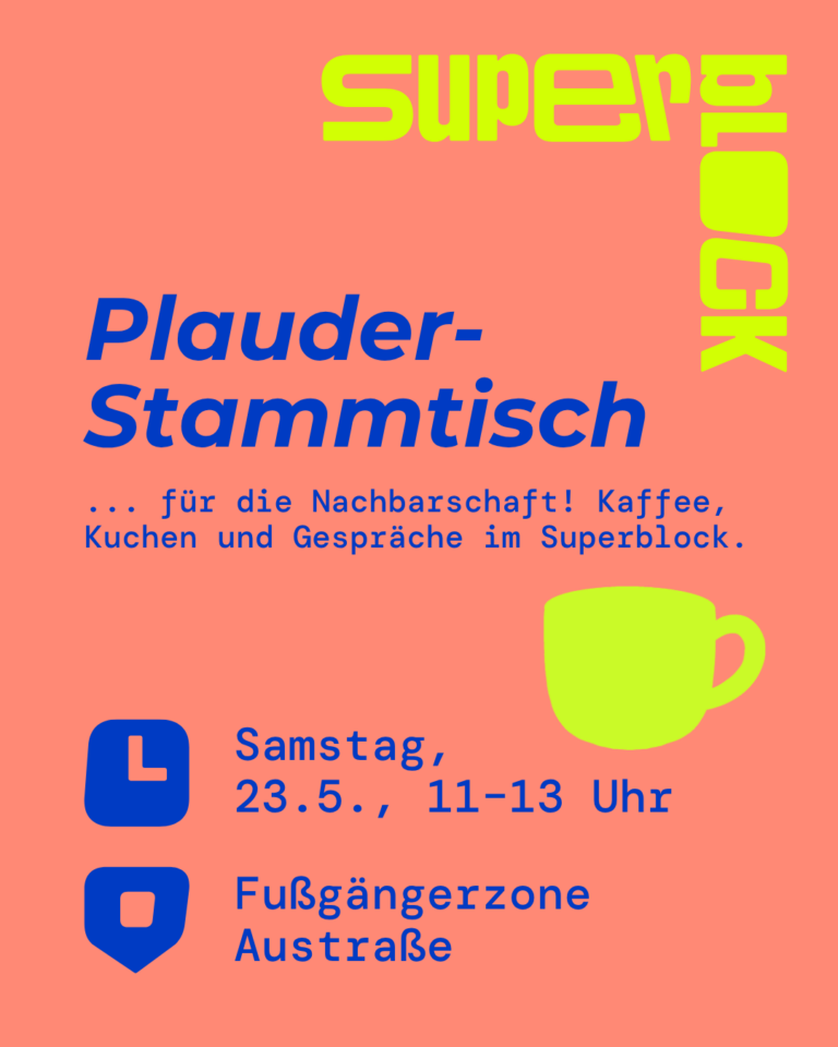 Einaldungstext in gelb und blau vor rosa Hintergrund. Rechts unten die Illustration einer gelben Tasse