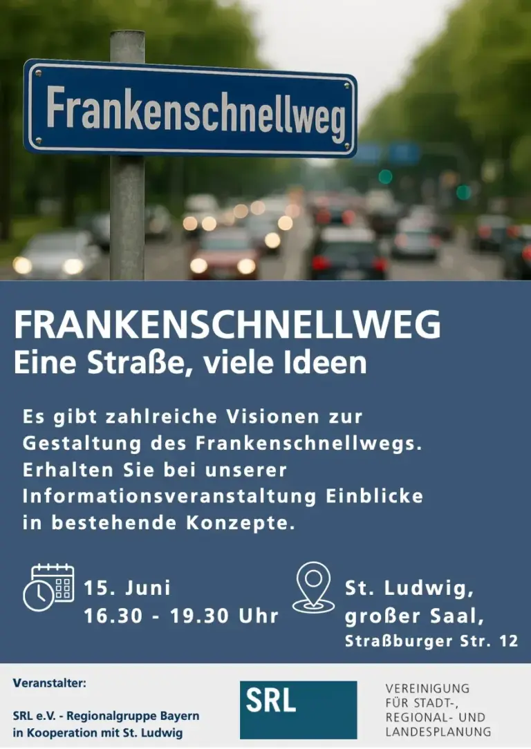 Veranstaltungsflyer: oben ein Bild vom Frankenschnellweg. Darunter die Veranstaltungsinfos in weißer Schrift auf blauem Grund