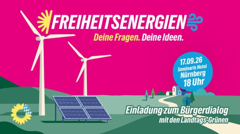 Vor rosa Hintergrund Illustration von Windkraftwerken und PV-Modulen neben einer Siedlung.