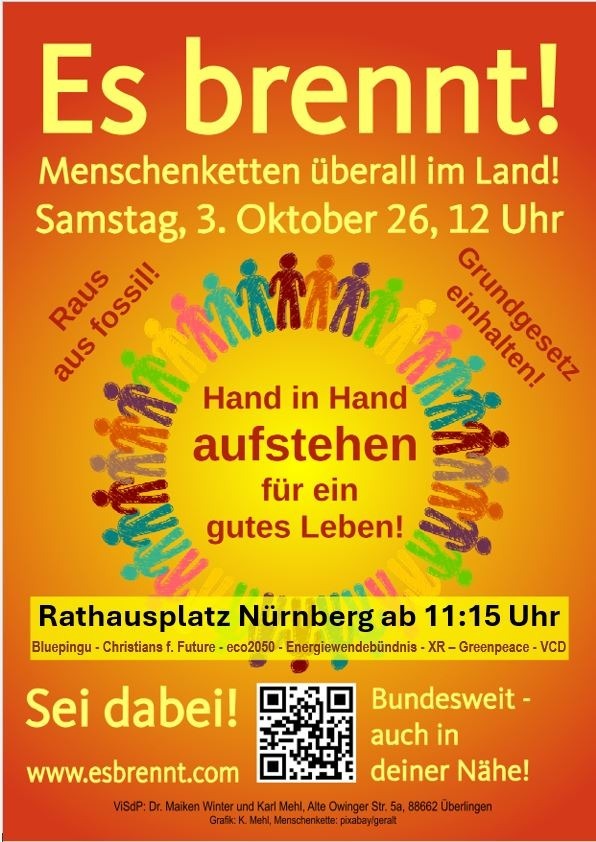 Veranstaltungsplakat: vor orangerotem Hintergrund die Illustration von Menschen, die sich im Kreis stehend die Hand geben.